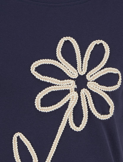T-shirt uni à broderie fleur - Marine - 3