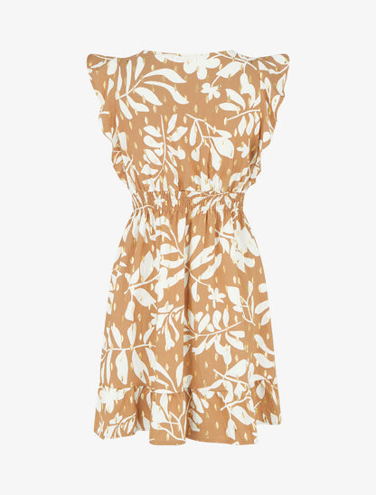 Robe imprimé feuillage à taille élastiquée - Camel - 2