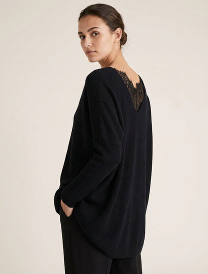 Maglione lungo con dettaglio in pizzo sul retro. - Nero