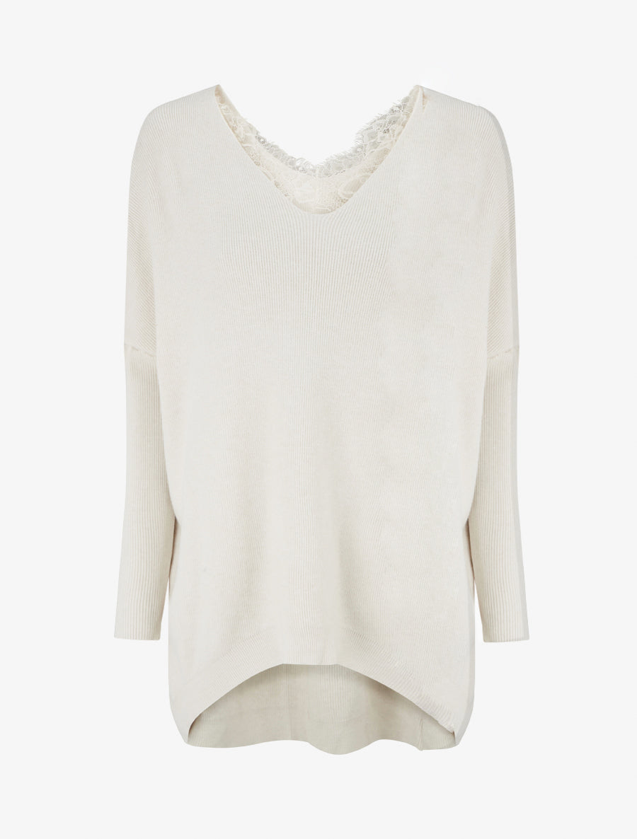 Pull long à détail dentelle au dos - Beige - 1