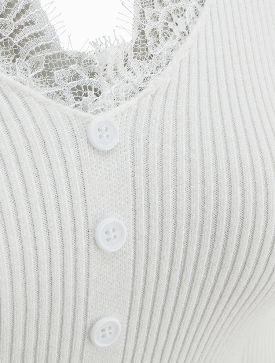 Pull ajusté à col V dentelle et boutons - Écru - 3