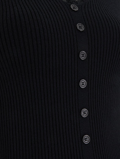 Pull ajusté à col V dentelle et boutons - Noir - 3