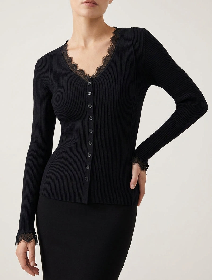 Maglia aderente con scollo a V in pizzo e bottoni - Nero