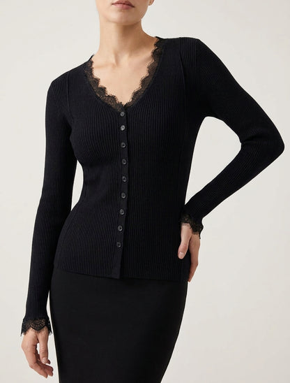 Maglia aderente con scollo a V in pizzo e bottoni - Nero