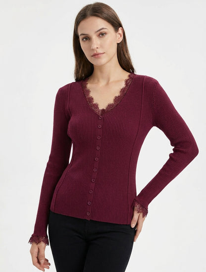 Maglia aderente con scollo a V in pizzo e bottoni - Violina
