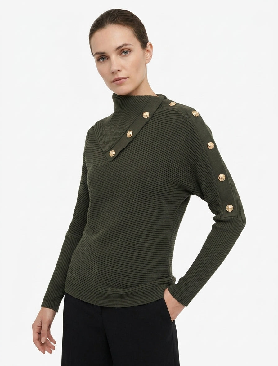 Maglione a tinta unita con collo alto stilizzato - Cachi