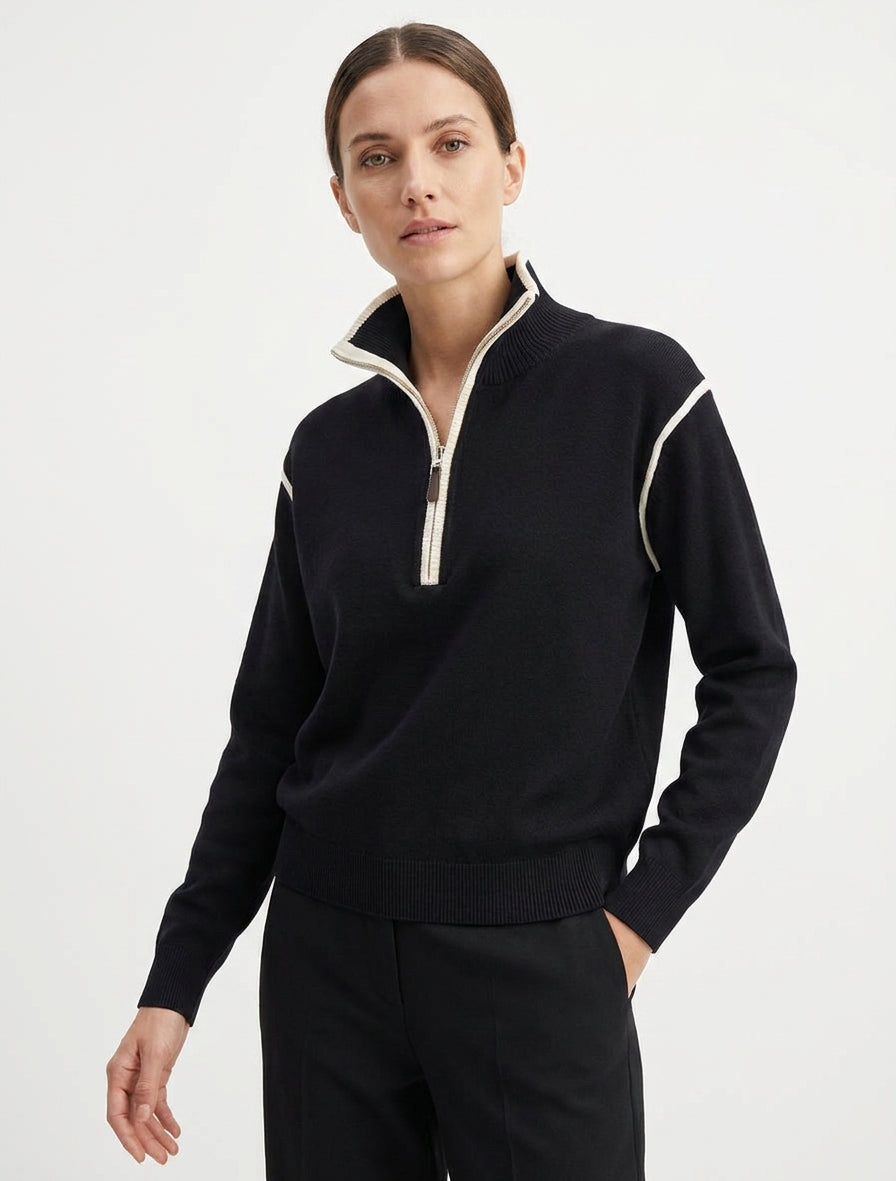 Maglione dritto con collo alto con zip. - Nero