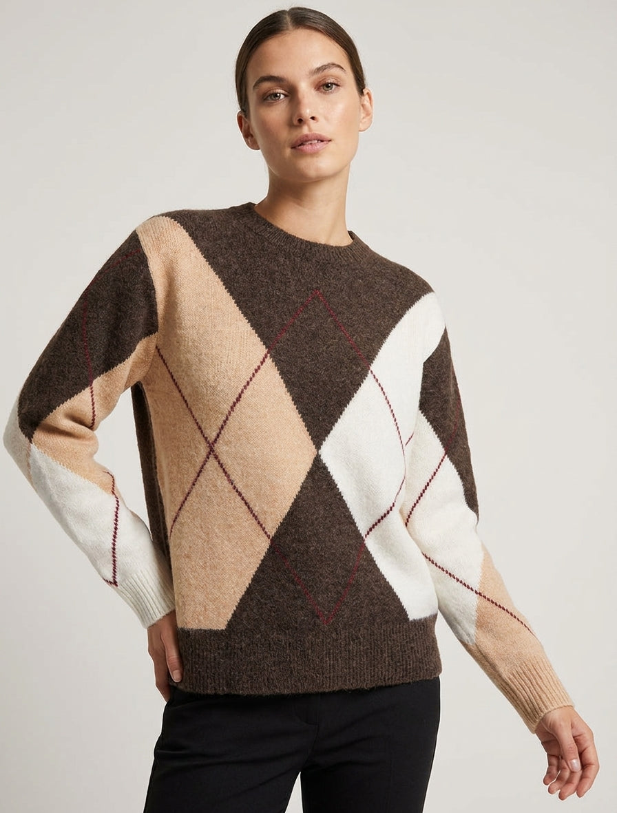 Maglione in maglia a blocchi di colore. - Marrone