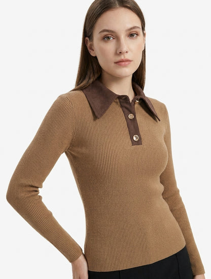 Maglione sottile in maglia con colletto abbottonato in suedine. - Chameau