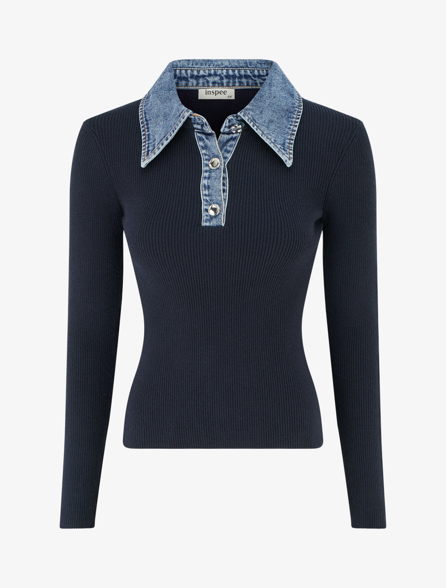 Pull fin en maille à col boutonné en jean - Marine - 1