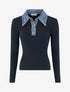 Pull fin en maille à col boutonné en jean - Marine - 1