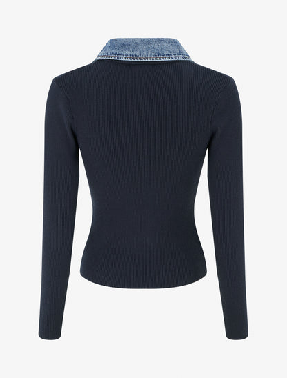 Pull fin en maille à col boutonné en jean - Marine - 2