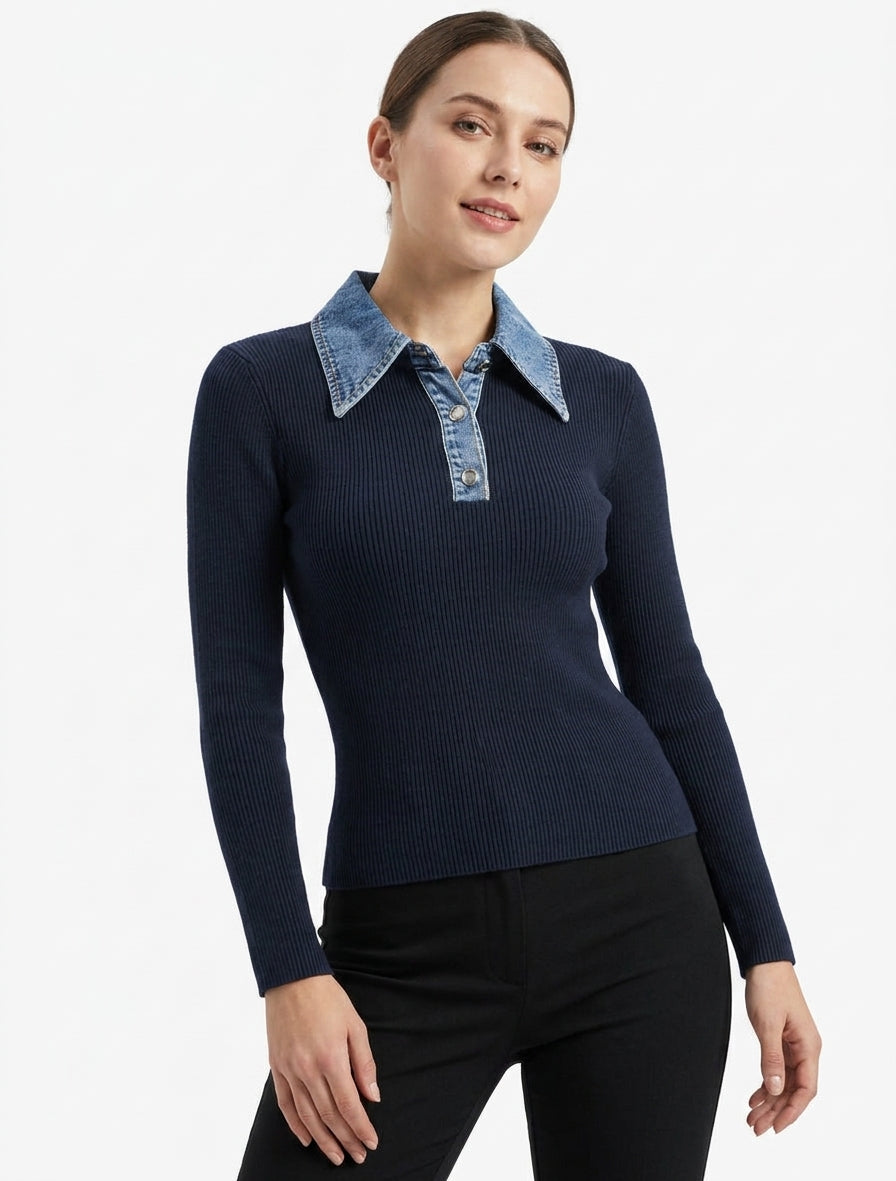 Maglione leggero in maglia con colletto abbottonato in denim. - Marina