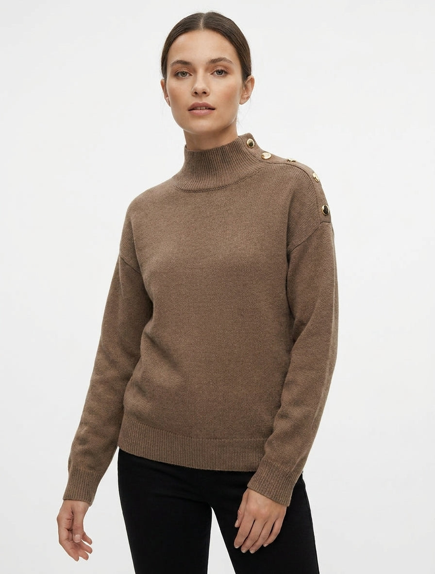Maglione dritto a collo alto con bottoni metallici - Marrone