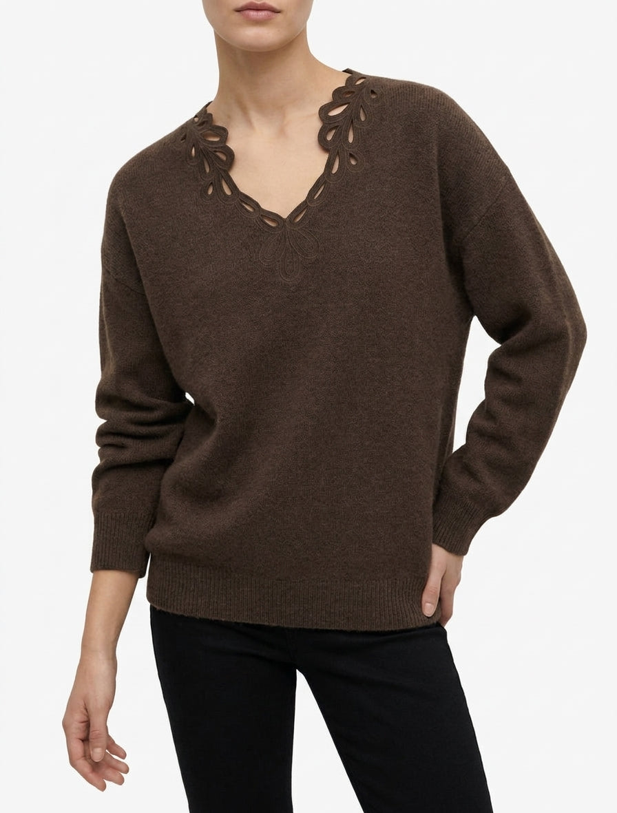 Maglione a tinta unita con scollo a V traforato - Marrone