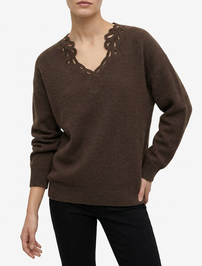 Maglione a tinta unita con scollo a V traforato - Marrone
