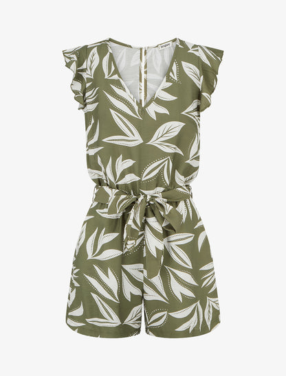 Combishort à manches volantées imprimé feuillage - Kaki - 1