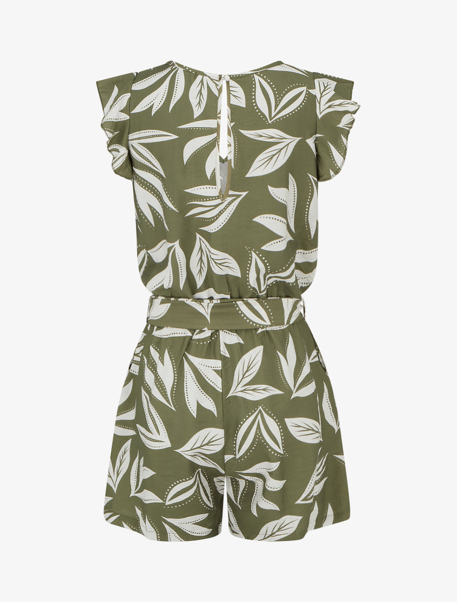 Combishort à manches volantées imprimé feuillage - Kaki - 2