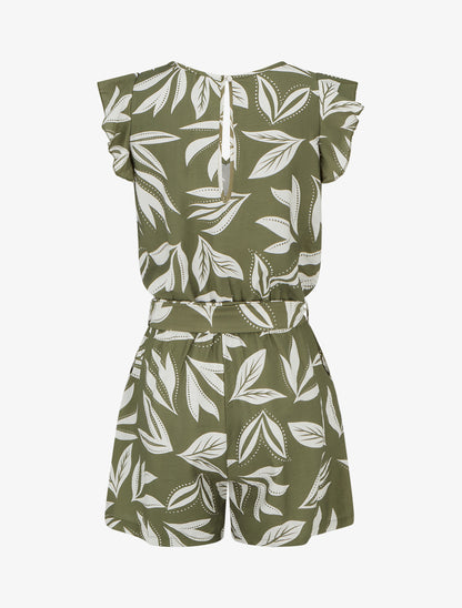 Combishort à manches volantées imprimé feuillage - Kaki - 2