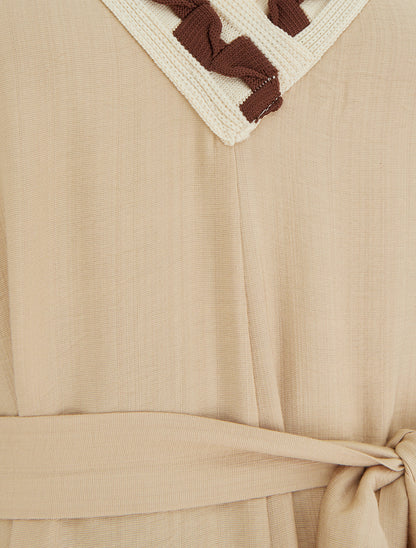 Robe longue sans manches à col V fantaisie - Beige - 3