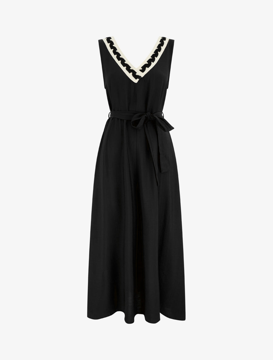 Robe longue sans manches à col V fantaisie - Noir - 1