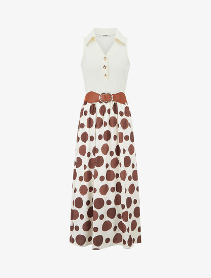 Robe longue à boutons fantaisies et imprimé gros pois - Marron - 1