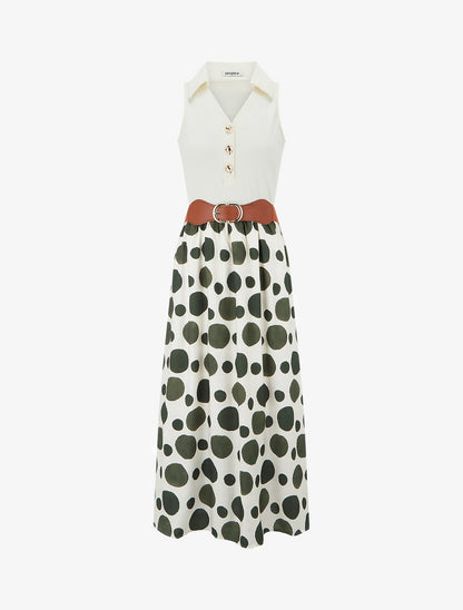 Robe longue à boutons fantaisies et imprimé gros pois - Vert foncé - 1