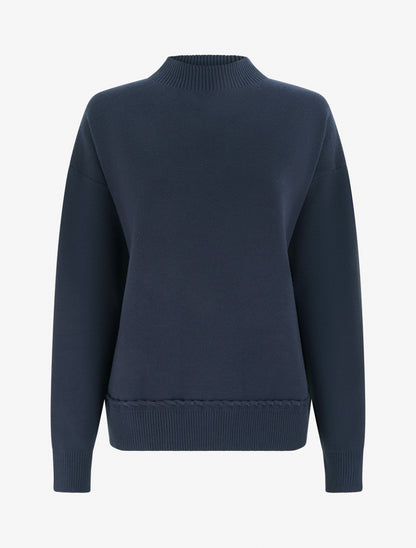 Pull ample à col montant et couture fantaisie - Marine - 1