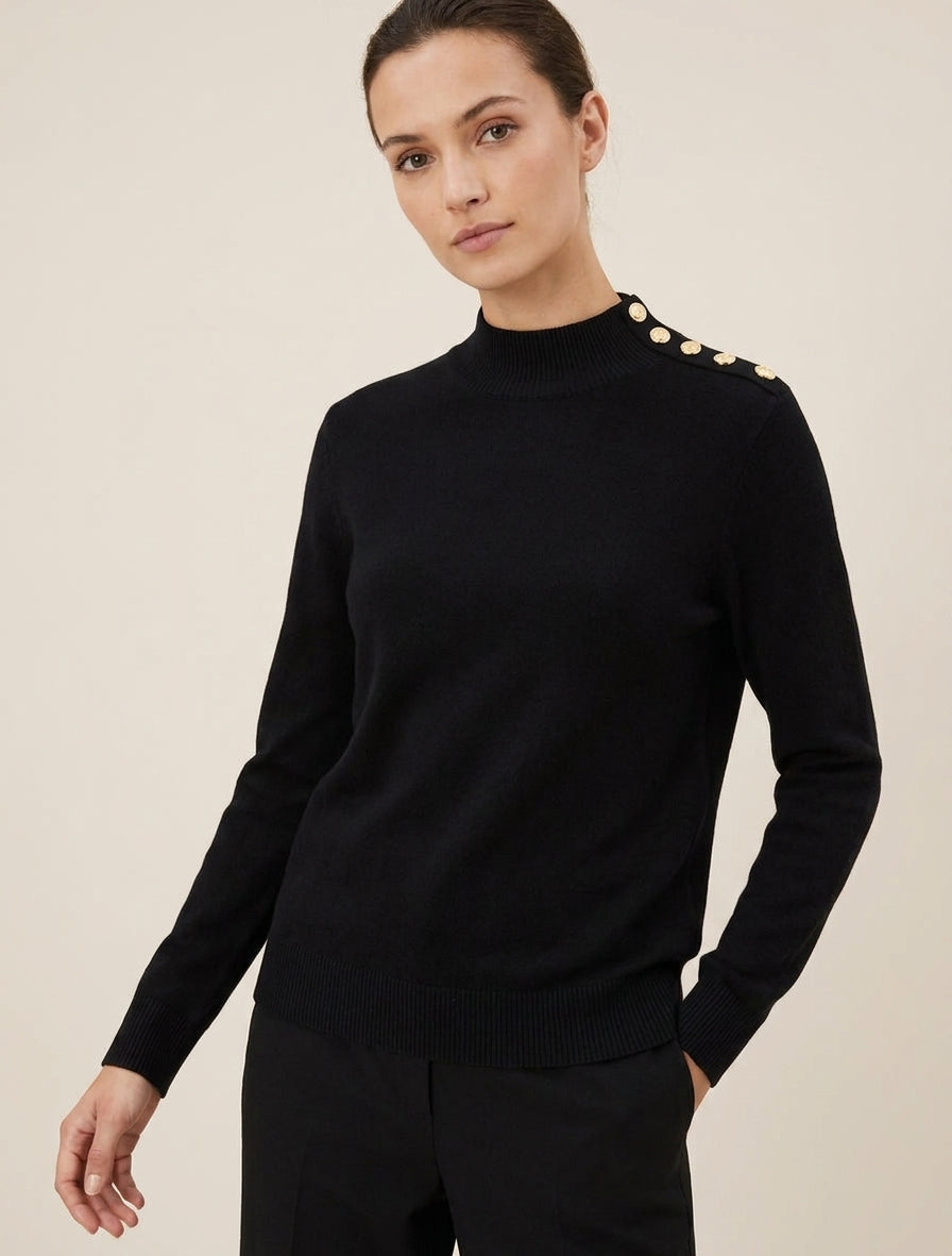Maglia tinta unita con bottoni decorativi sulla spalla - Nero