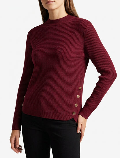 Maglia a coste con inserti e bottoni decorativi - Bordeaux