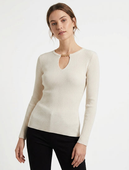Maglia a costine con inserto gioiello - Beige