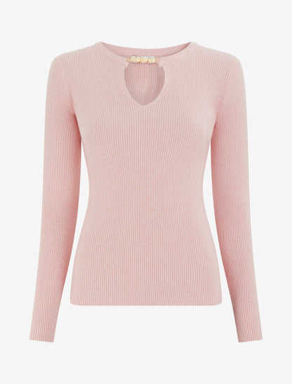 Pull côtelé à empiècement bijou - Rose - 1