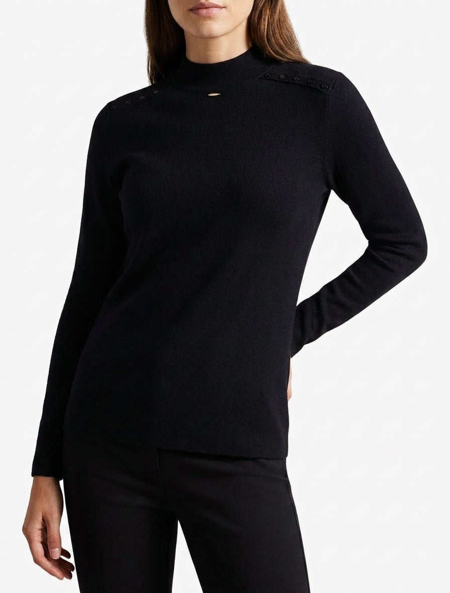 Maglione dritto a collo alto con bottoni decorativi - Nero