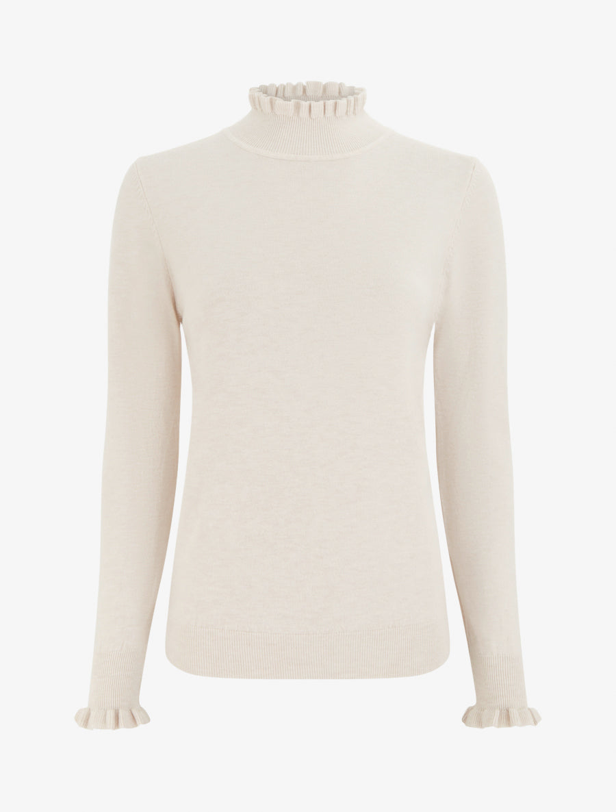 Pull droit à col montant et poignets volantés - Beige - 1