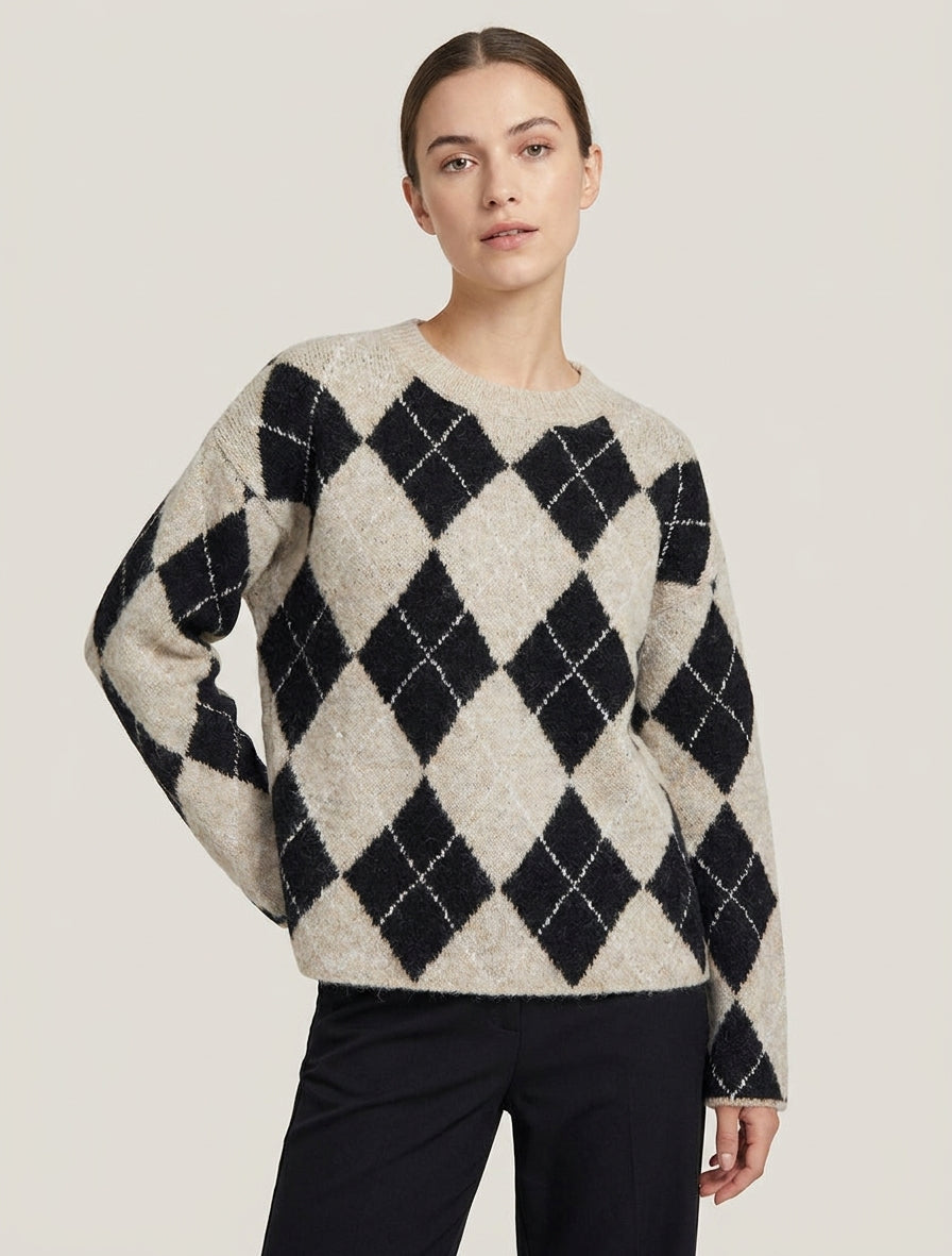 Maglione ampio in misto lana con motivo a rombi - Beige