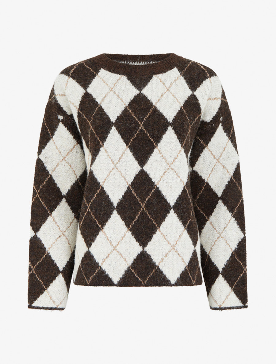 Pull ample en laine mélangée à motif losanges - Marron - 1