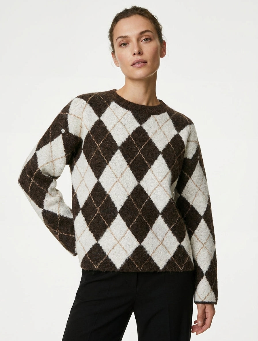 Maglione ampio in misto lana con motivo a rombi - Marrone