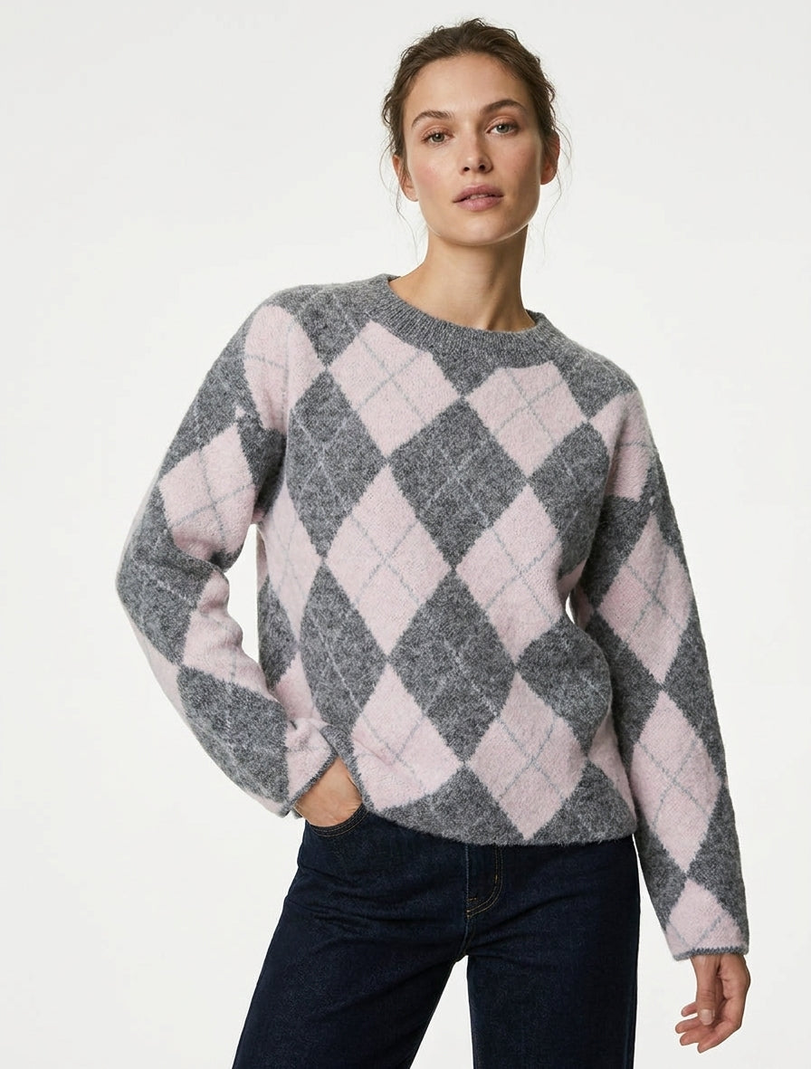 Maglione ampio in misto lana con motivo a rombi - Grigio