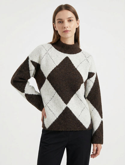 Maglione in misto lana con motivo a rombi - Marrone