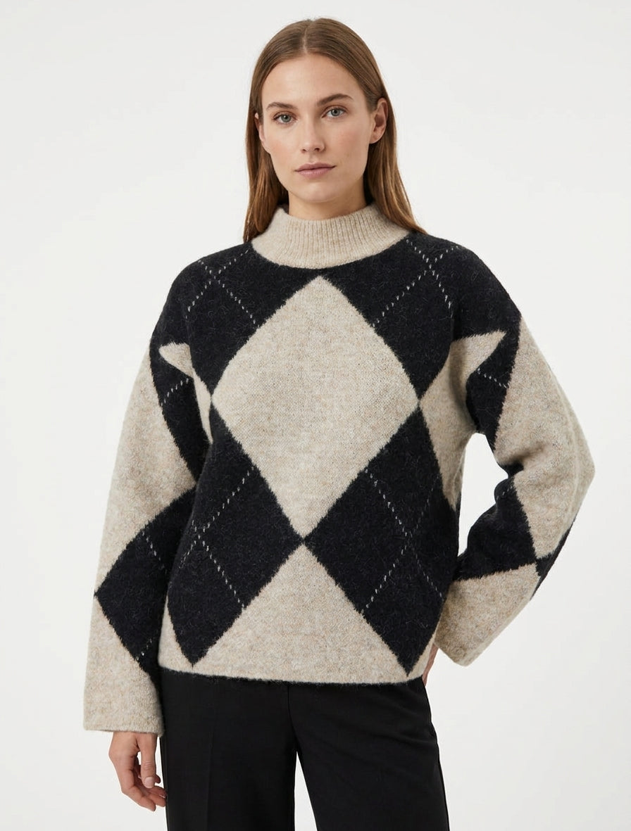Maglione in misto lana con motivo a rombi - Beige