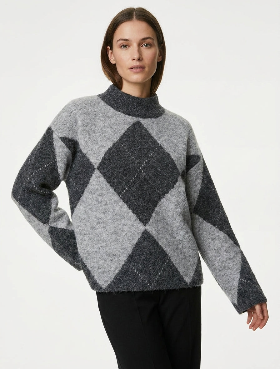 Maglione in misto lana con motivo a rombi - Grigio