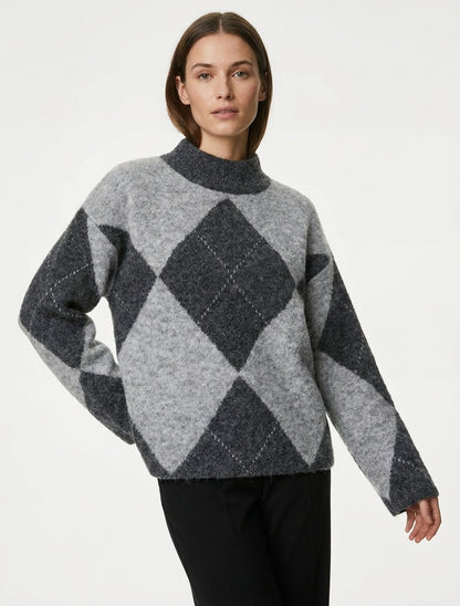 Maglione in misto lana con motivo a rombi - Grigio