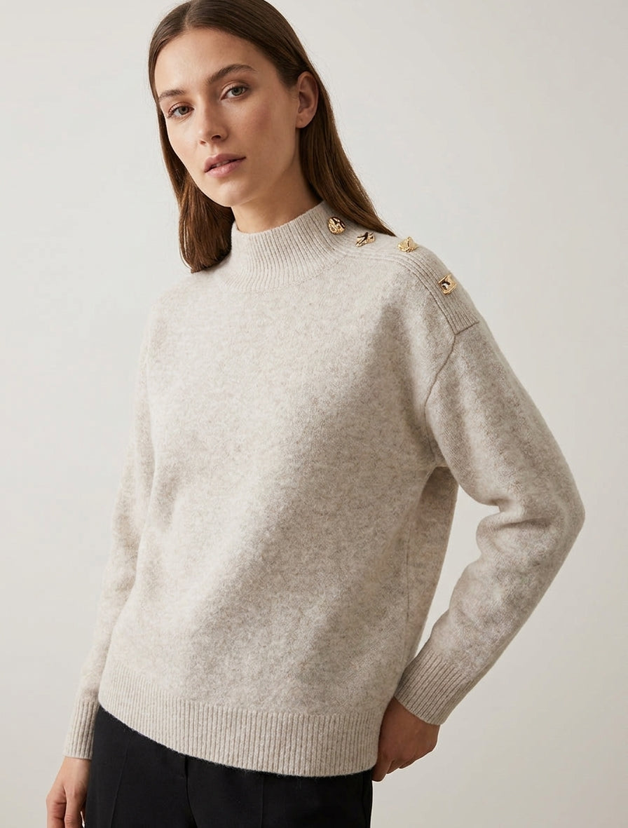 Maglione in lana mista con bottoni fantasia - Beige