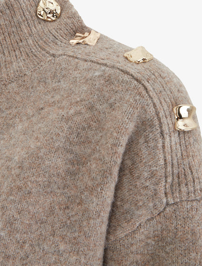 Pull en laine mélangée à boutons fantaisies - Taupe - 3