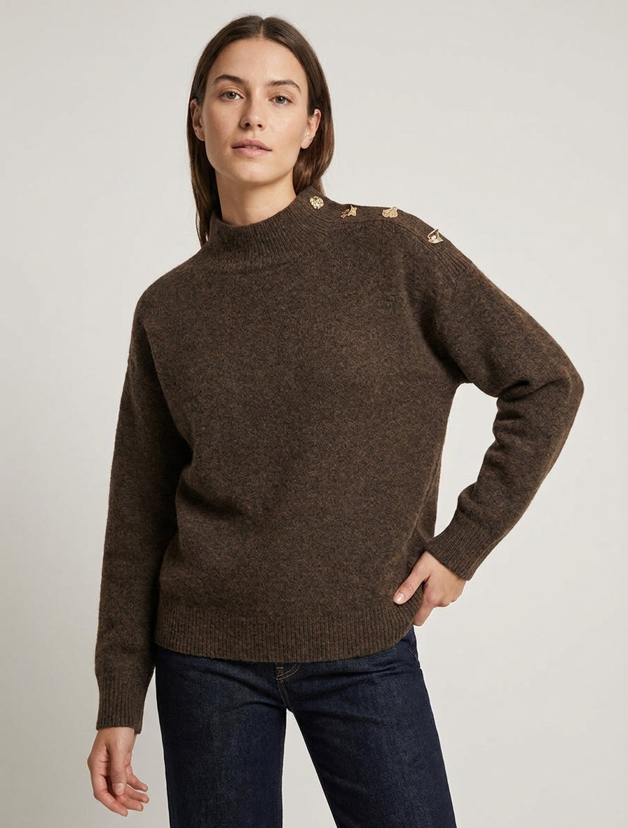 Maglione in lana mista con bottoni fantasia - Marrone