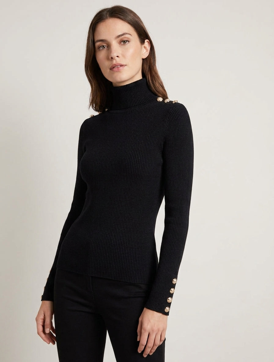 Maglione a collo alto in maglia a coste con paillettes - Nero