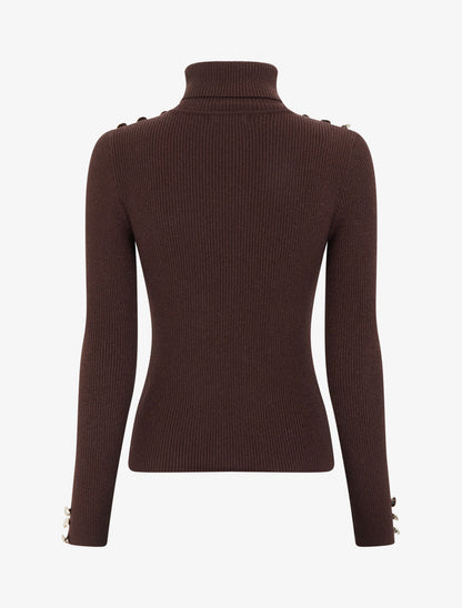 Pull en maille côtelée pailleté à col roulé - Marron - 2