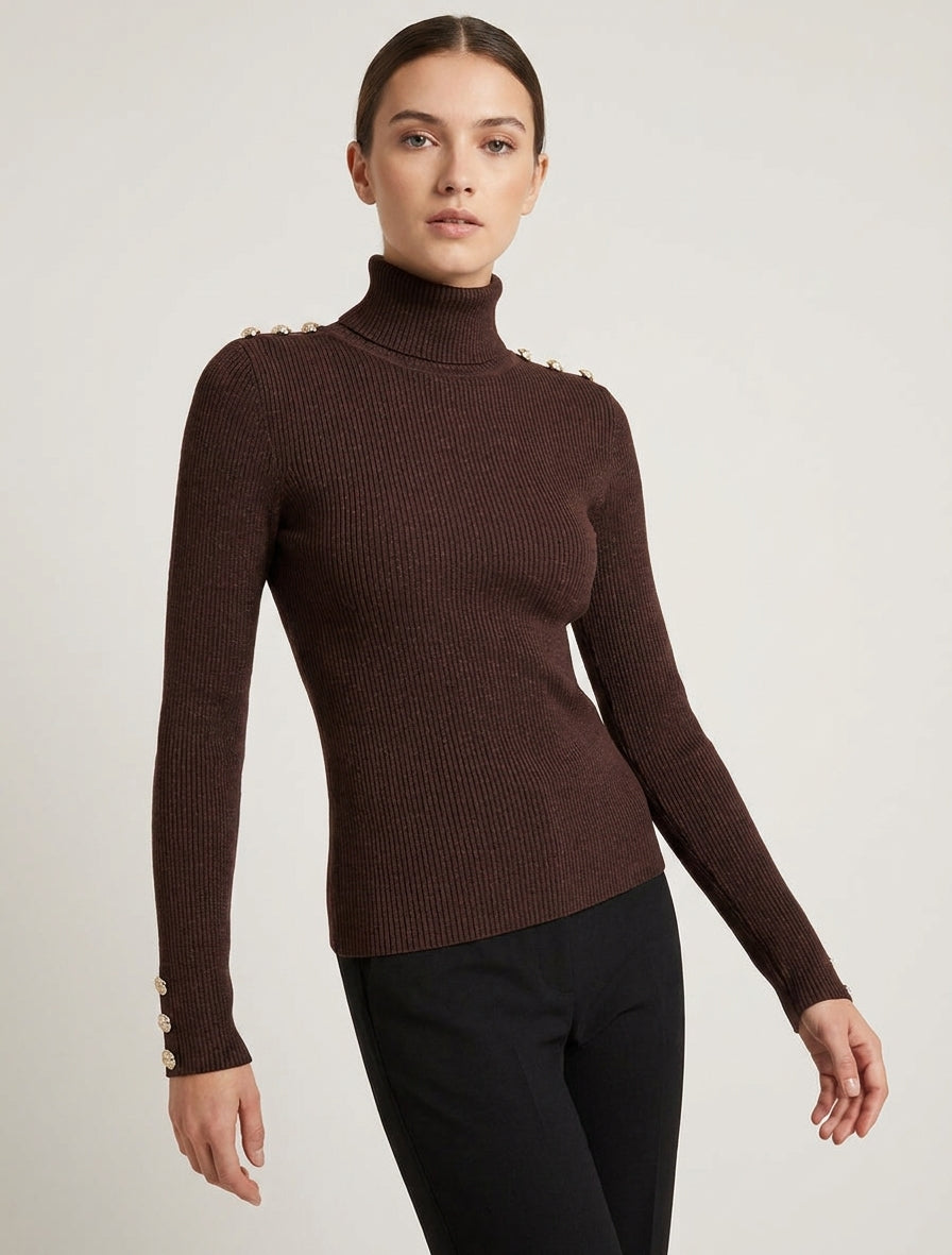 Maglione a collo alto in maglia a coste con paillettes - Marrone