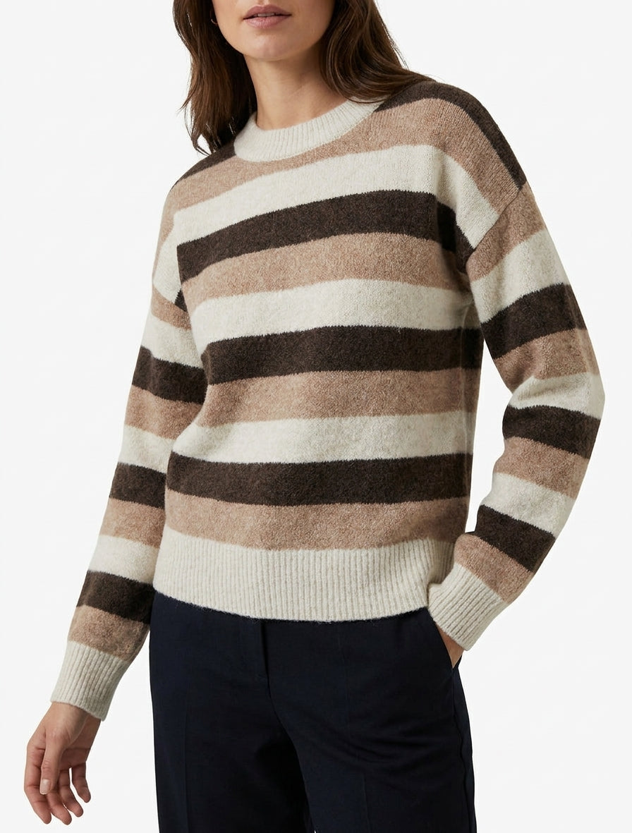 Maglione dritto a righe con scollo rotondo - Beige