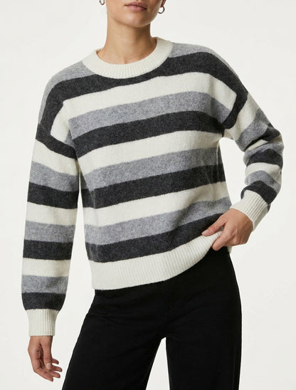 Maglione dritto a righe con scollo rotondo - Grigio